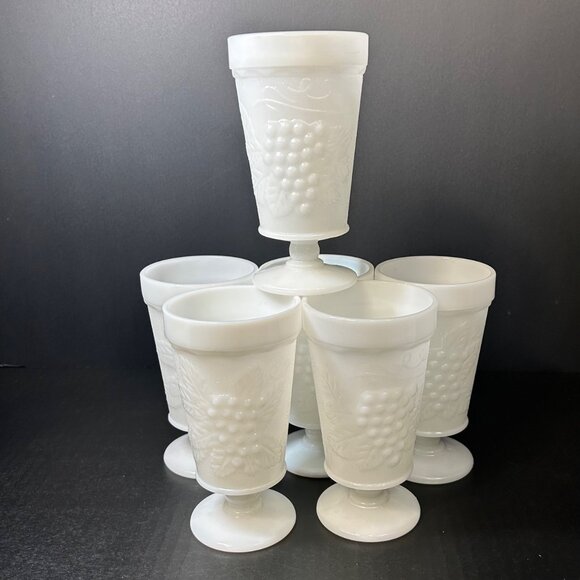 Anchor Hocking White Milk Glass Footed Tumbler Goblet Grape Vine Design Set of 6 - Picture 1 of 5
